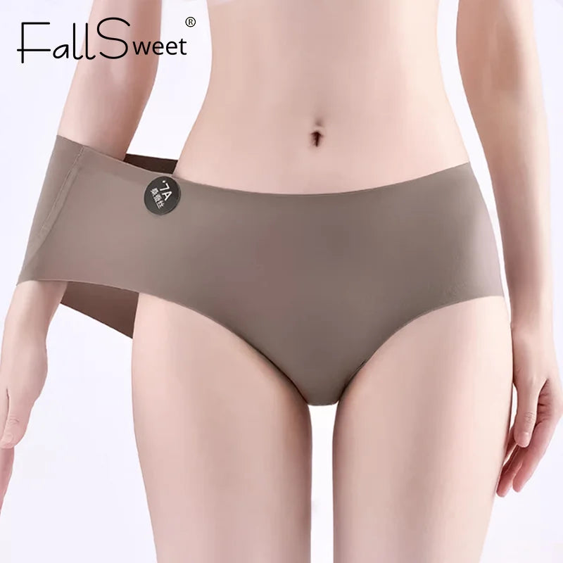 Falllsweet 4Pcs Women Seamless Silk Panties Soft Thin Female Underwear Sexy Mid-Rise Briefs Ice Silk Underpants Lingerie M-2XL