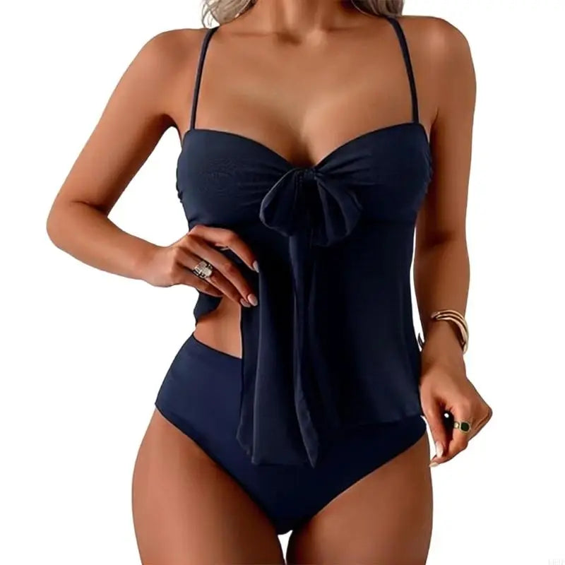 Women Two Piece Sheer Tankini Bathing Suit High Waist Swimwears with Adjustable Sheer Tie for Swimming Beach Volleyballs