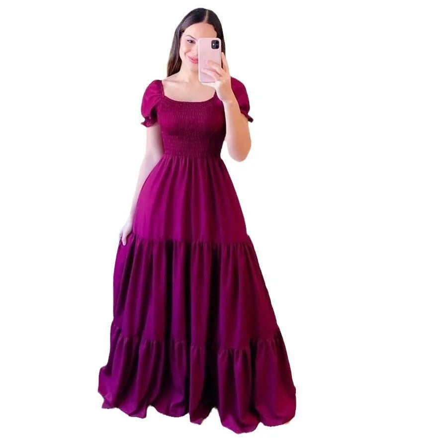 New Women's Boho Floral Dress Spring Summer European American Women's Clothing Off-shoulder Fragrant Long Solid Color Dress