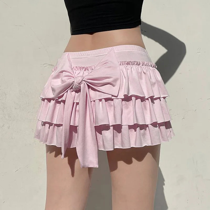 Pink Ruffled Mini Skirt Women Fashion Sexy Bow Pleated Skirt Casual Layered Sweet Preppy Style Summer Hot Skirt.