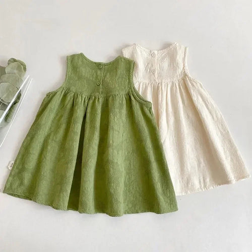 Bear Leader Korean Version Plain Color Girls Summer Dress With Flower Embroidered Sleeveless Vest