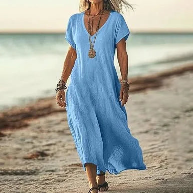Independent Station Loose Solid Color V-neck Cotton and Linen Women's Dress