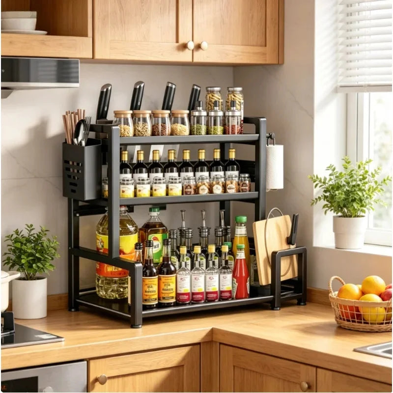 Estante metálico para especias de 2-3 niveles ajustable, organizador de almacenamiento de cocina multifuncional de pie con dispositivo de fijación, soporte para cuchillos