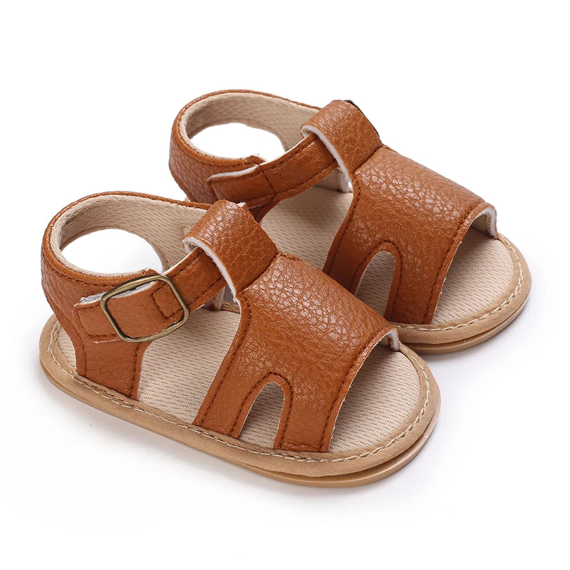 Baby Girls' Brown Leather Sandals - Soft Rubber Sole, 0-18 Months
