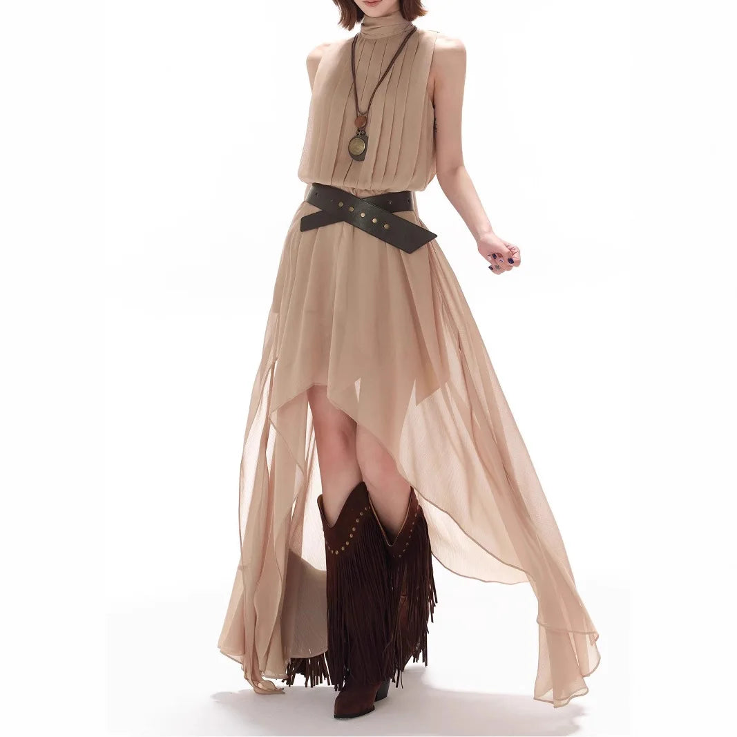 Elegant Casual Sleeveless Chiffon Vest Dress Original Design Long Skirt Drifting Hemline Polyester Fabric Shirt Pattern Stitc...