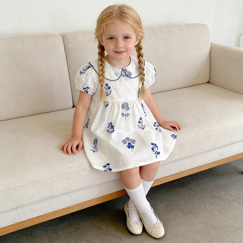 Summer New Style 2-6Y Girl Dress Korean Embroidered Short Sleeve Baby Clothes Children's Dress Girls Retro Sister Dress
