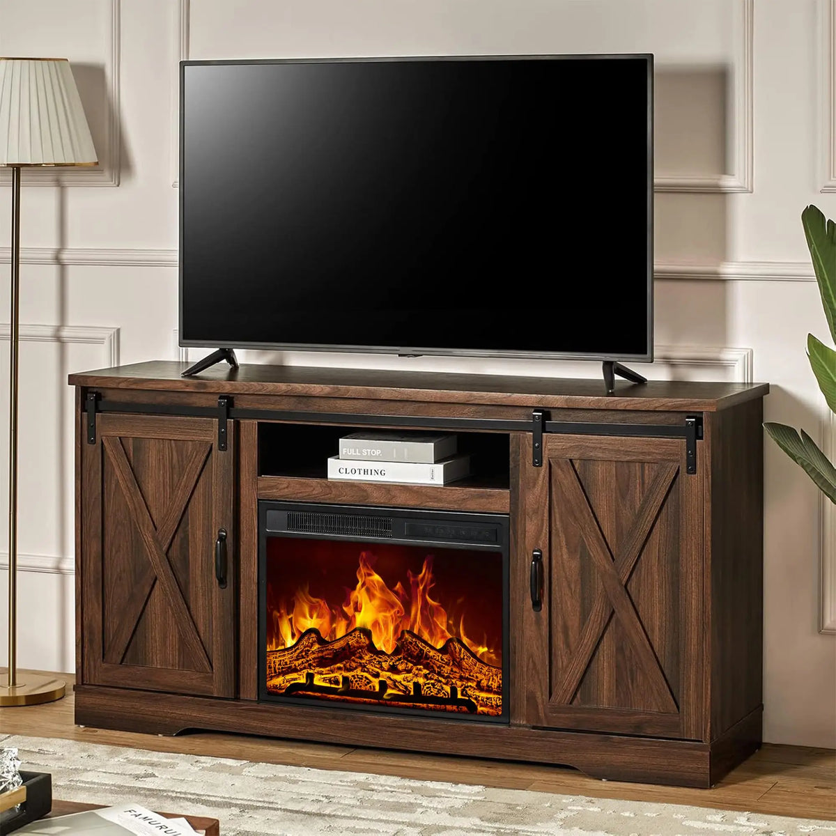 Amerlife Farmhouse Fireplace TV Stand with Sliding Barn Doors 59"