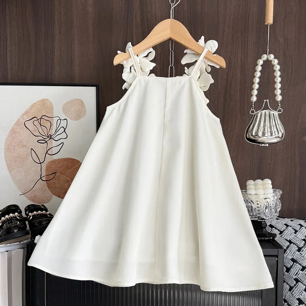 Korean Version 2 3 4 5 6 7-year-old Solid Color Girls' Casual Clothes Summer 3D Flower Princess Dress Fashionable and Elegant