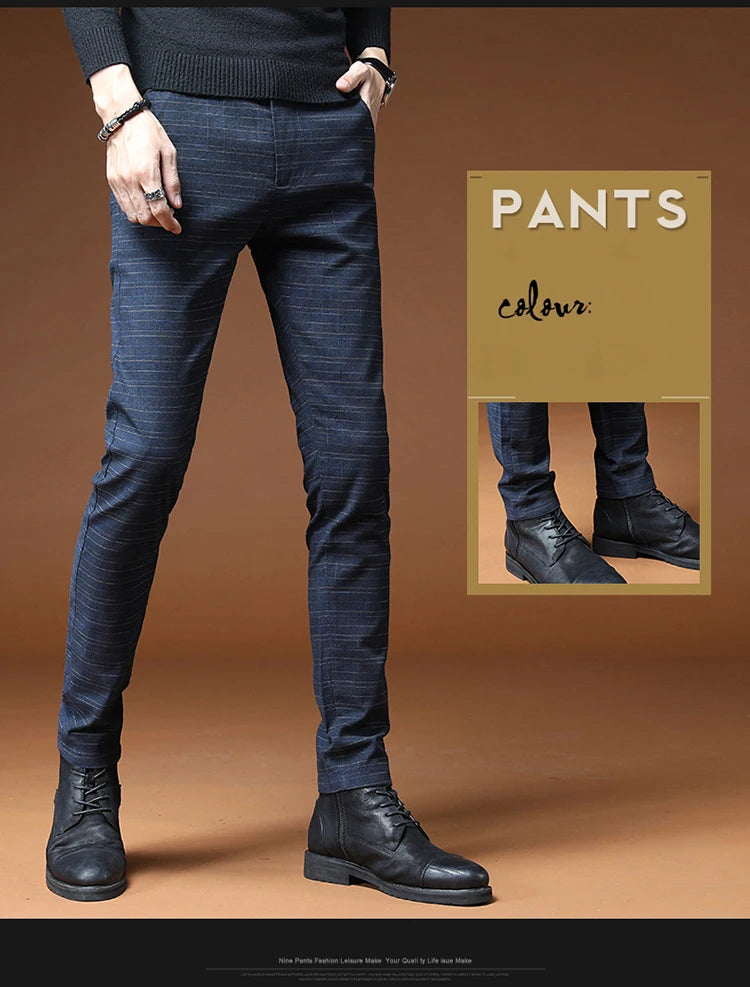 Classic Style Men's Casual Pants Fashion Striped Plaid Business Straight Slim Casual Pants Black Blue Gray Brand Men Trousers