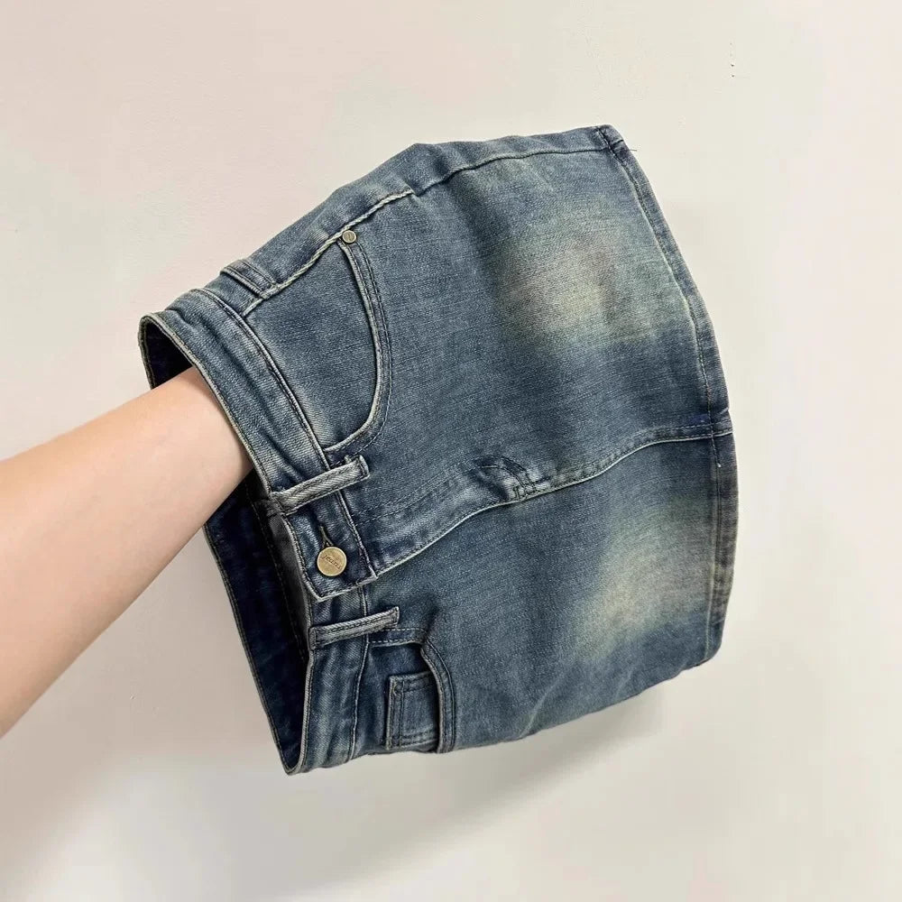 Plus Size Retro Denim Mini Skirt Summer New American Style Hot Girl High Waist Anti-Light Slim A- Line Wrap around Short Skirt