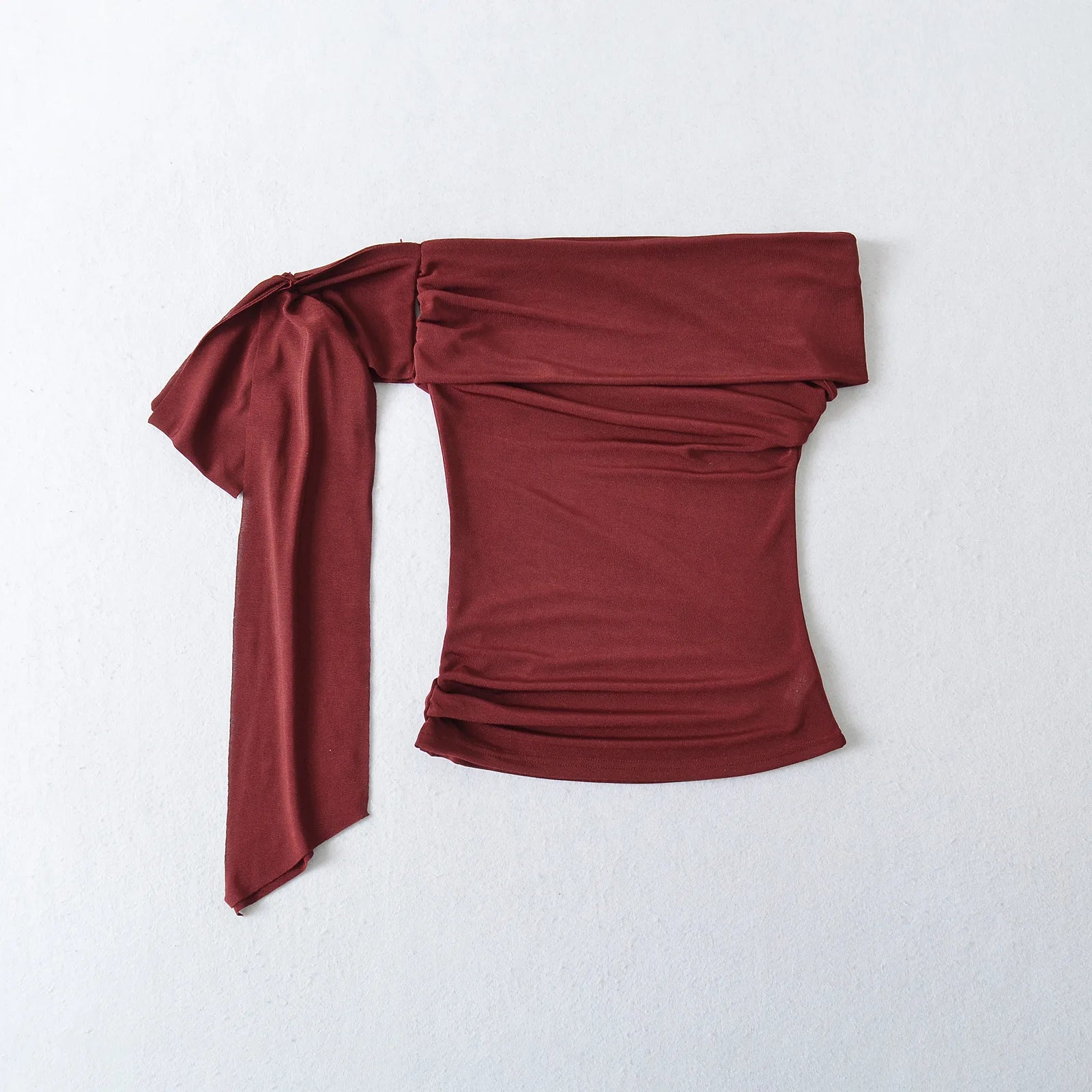 Sexy Pure Desire Short Sleeve T-Shirt Women's Spicy Girl Sash One Shoulder Tube Top Short Length Slim Fit Casual Noble
