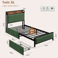 Twin/Twin XL Bed Frame With 2 Drawers, Charging Station, Corduroy Upholstered Shelf Headboard, Underbed Storage, No Box Spring