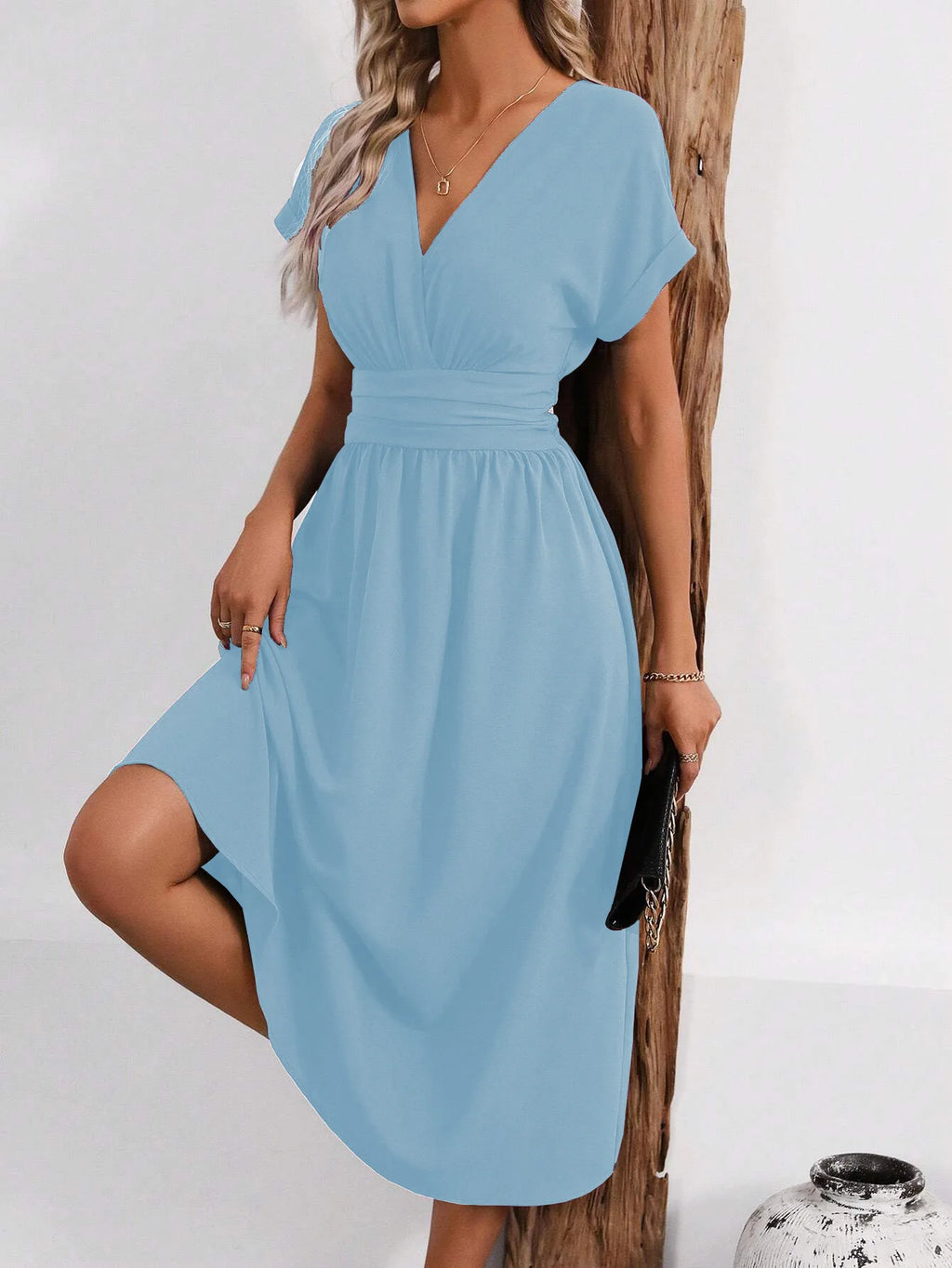 Woman Clothing Tops Skirts Y2k Clothes Dresses 2026 Woman Summer Solid-Color V-Neck Batwing-Sleeve Pleated Long Elegant Dress