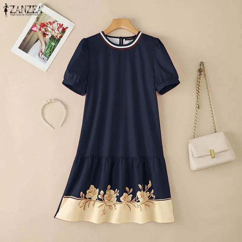 ZANZEA Stylish Floral Printed Dress Summer Women Short Sleeve Ruffled Hem Sundress Casual O-Neck Holiday Beach Knee Length Robe