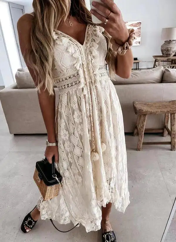 Ladies Dress A-line Lace Embroidery Design V-neck Sleeveless Mid Waist Slim Solid Color Simple Elegant Fresh Retro Sling Dress