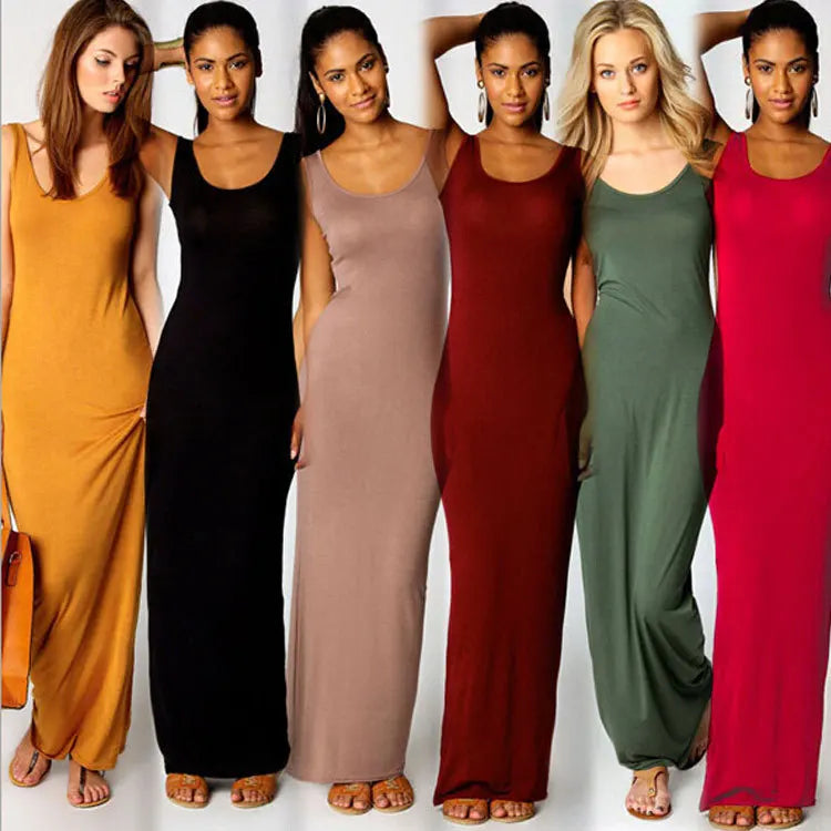 Sexy Solid Color Slim Bodycon Long Maxi Dress Women Elegant Sleeveless Skinny Dress Club Party Vestidos