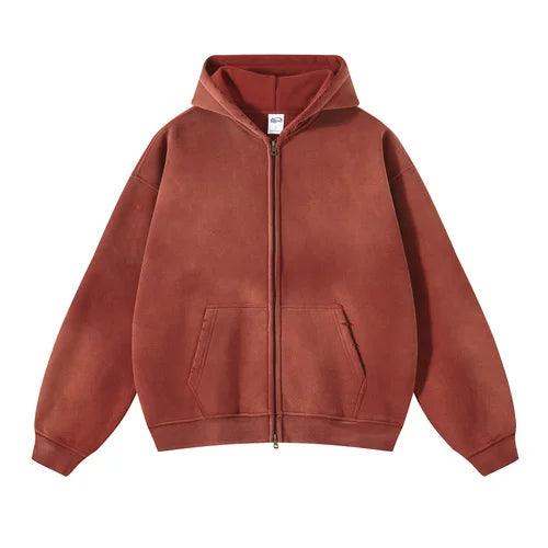 Men'S Zip Up Hoodies Tie Dye Washed Double Oversize Cardigan Sweatshirt Loose Plus Plush Gradient Man Hooded Pullovers Winter