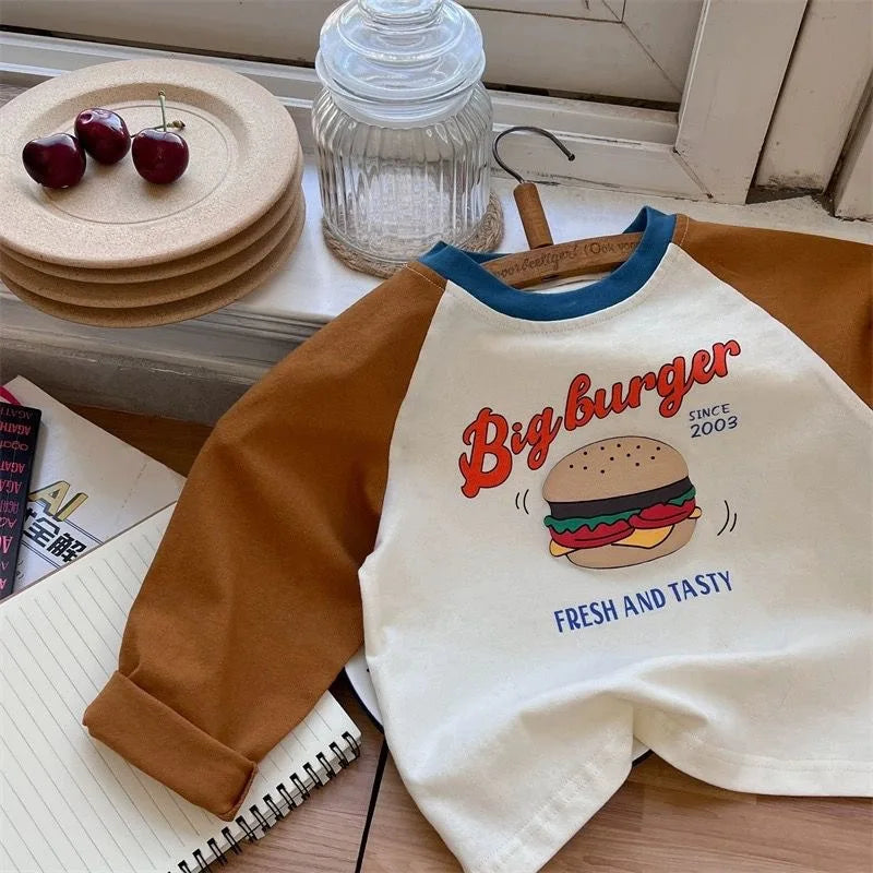 Boys Cartoon Print Cotton T-Shirt - Long Sleeve Raglan Toddler Top
