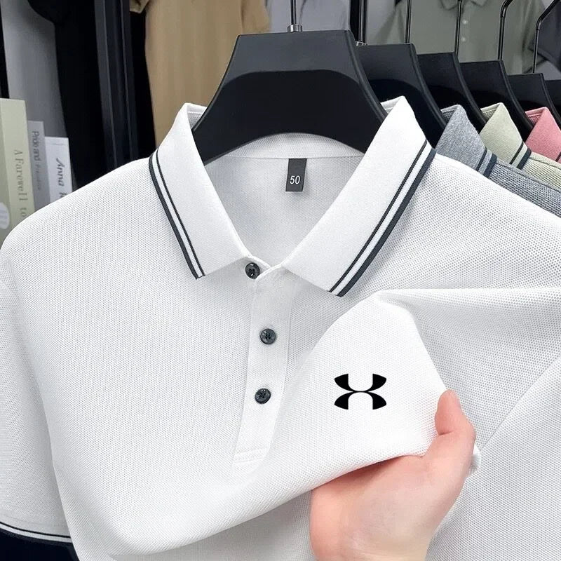 Men's Casual Short Sleeve Polo Shirt - 100% Cotton Striped Top