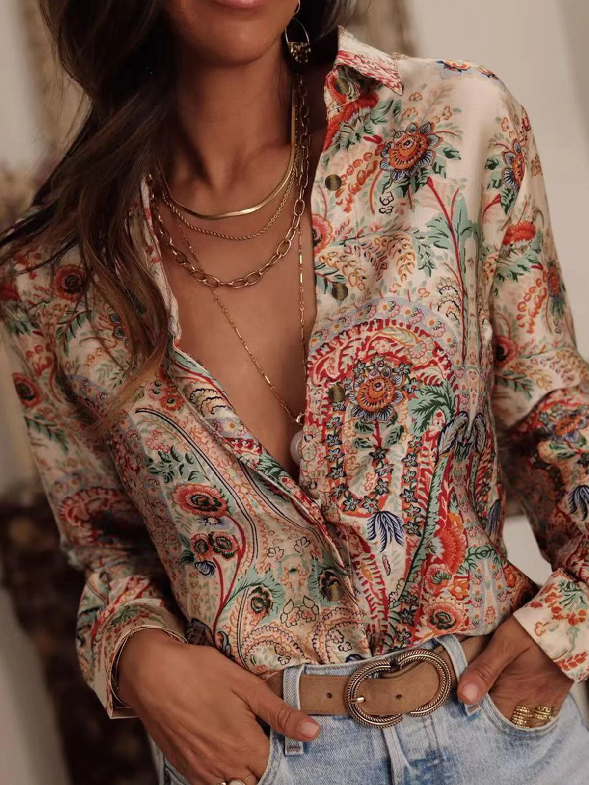 Women's Casual Printed Collar Shirt - Long Sleeve Loose Fit Top
