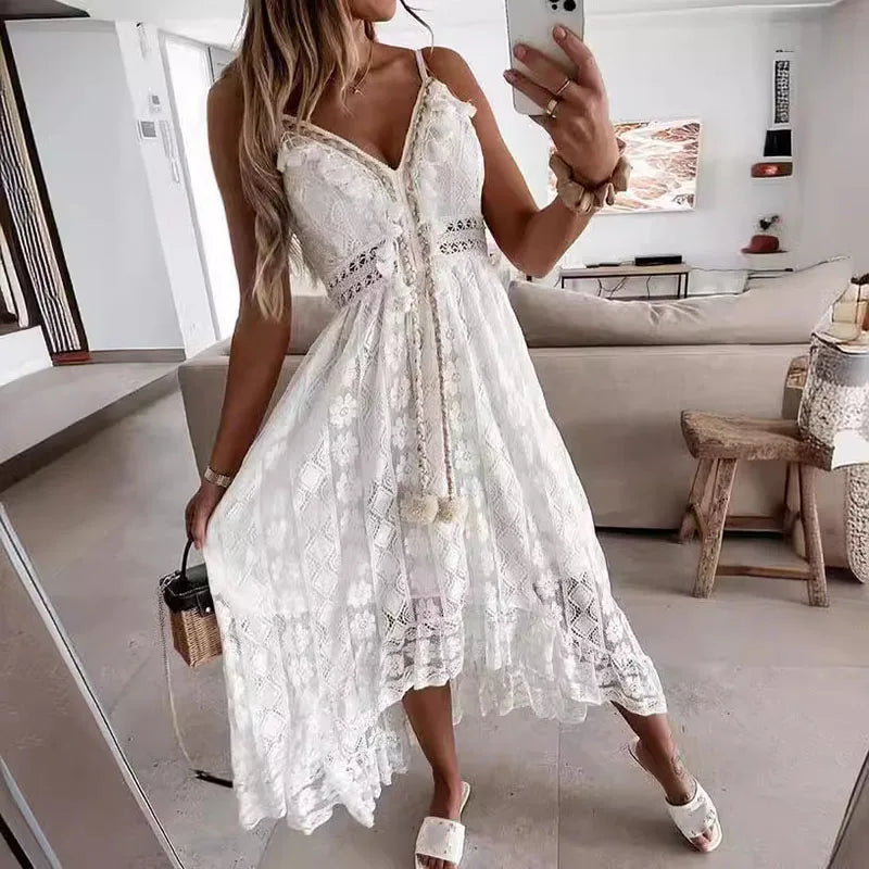 Ladies Dress A-line Lace Embroidery Design V-neck Sleeveless Mid Waist Slim Solid Color Simple Elegant Fresh Retro Sling Dress