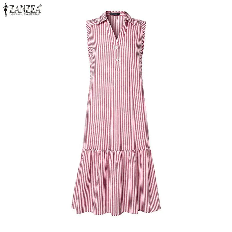 ZANZEA Elegant Women Striped Sleeveless Shirt Dress Casual Ruffle Hem Summer Holiday Button Down Office Work Midi Sundress Robe