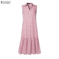ZANZEA Elegant Women Striped Sleeveless Shirt Dress Casual Ruffle Hem Summer Holiday Button Down Office Work Midi Sundress Robe