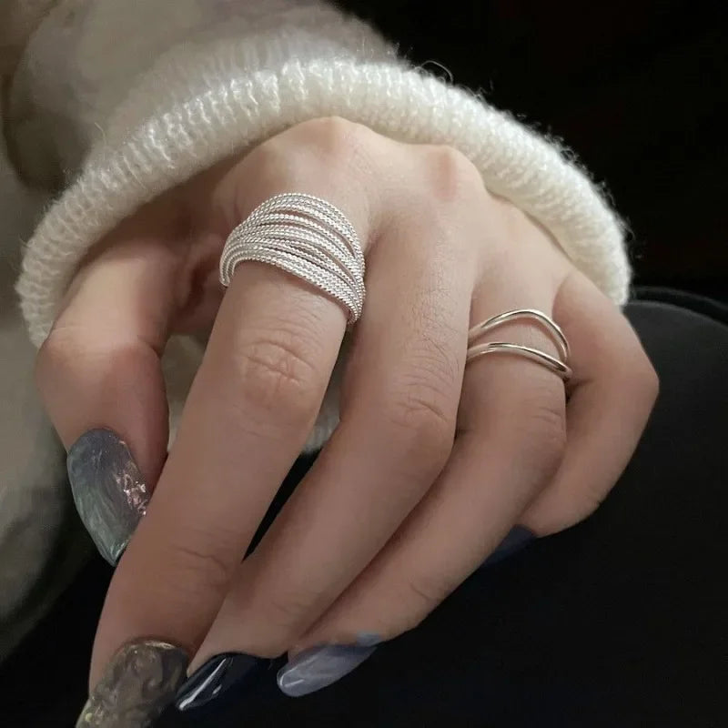 Personality Design Trendy Silver Color Multi-Line Ring For Women'S Girl Charm Opening Irregularity Finger Ring Set Jewelry