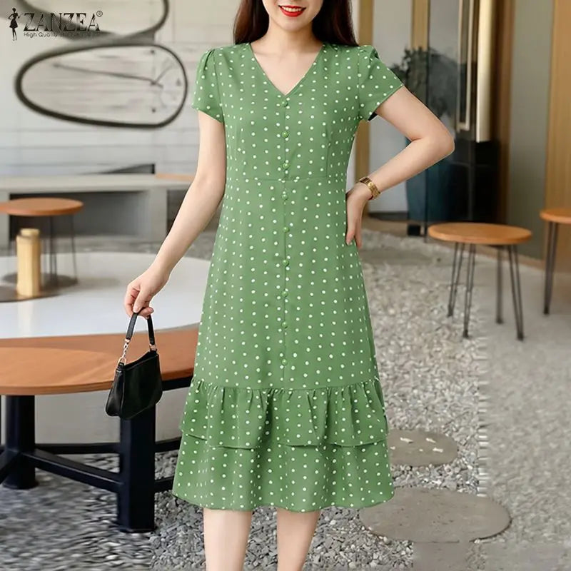 ZANZEA Summer Polka Dots Printed Women Dress Elegant Casual Holiday Beach Ruffled Sundress V Neck Short Sleeve Work Midi Dresses