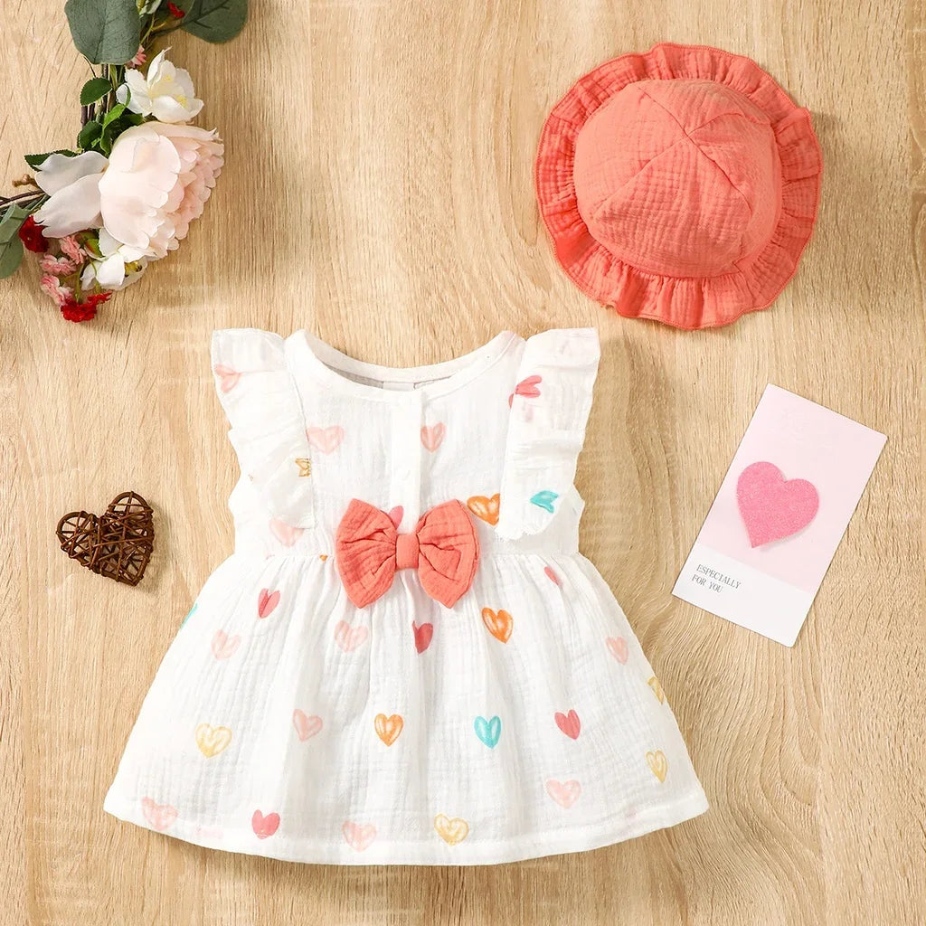 2Pcs Dress Clothes Set Newborn Baby Girl Love Print Sleeveless Dress With Hat Summer Fashion Cute Wear For Infant Girl 0-9Months