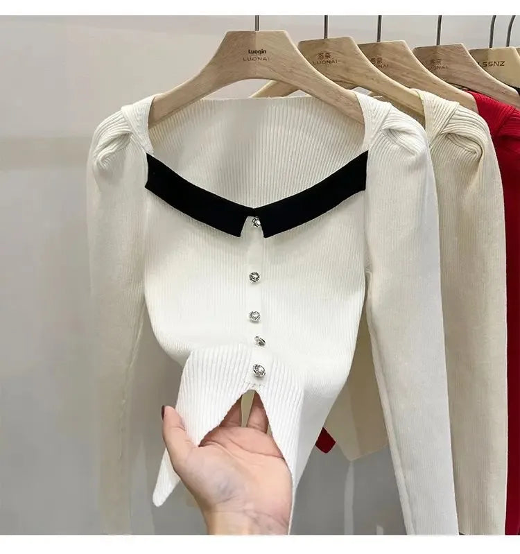 Women's Knitted Short Sweater Square Collar Base Shirt Color Collision Design Sensation Autumn Winter Special Edition Top