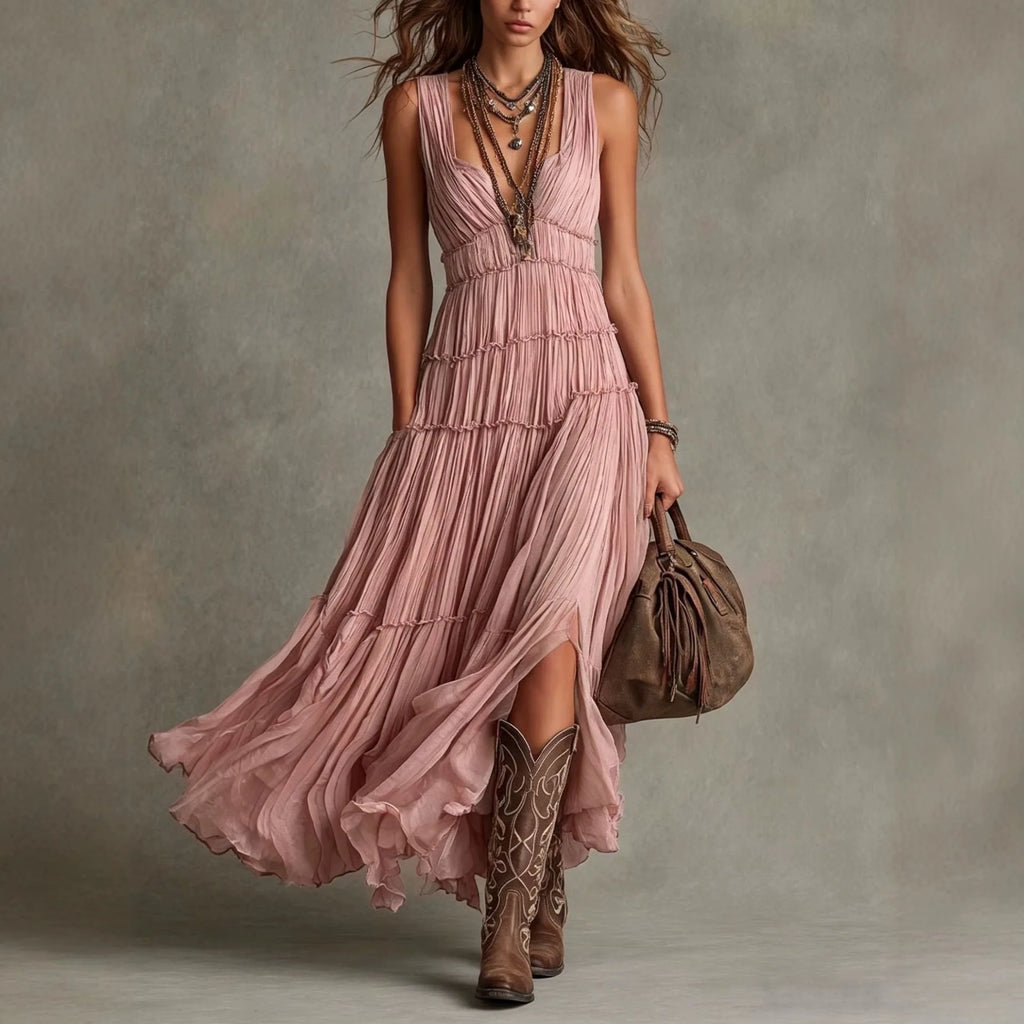 Elegant Summer Dress round Neck Sleeveless Loose Drapey Midi A-Line Skirt Elegant Dress Pleated Skirt Polyester Fabric