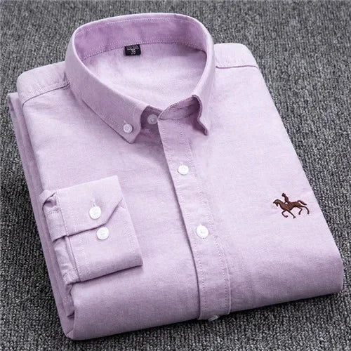 Premium Pure Cotton Oxford Shirt For Men Long Sleeve With Embroidered Horse Design Regular Fit White Dress Shirt