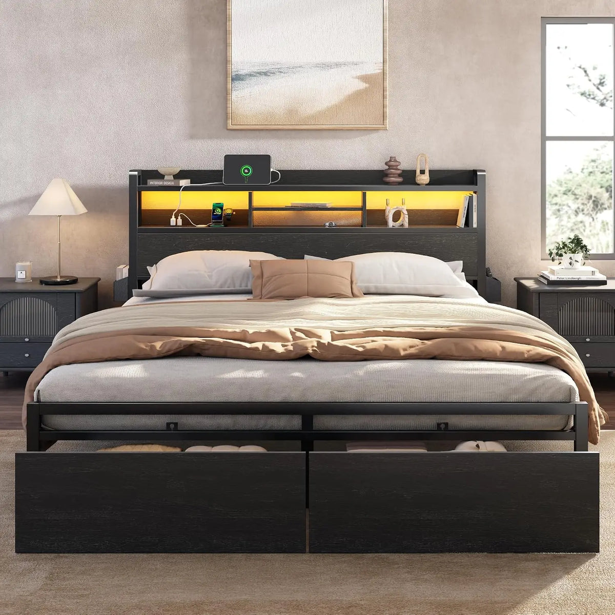 Furnulem King Size Bed Frame with 2 Drawers and Storage Headboard Black | Charging Station,USB Port, RGB LED Lights, 2 Tier Shel