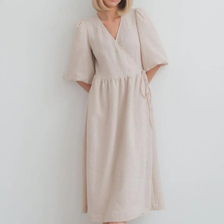 Long Dress Women Dresses Vestidos Lace Up V Neck Puff Sleeve Solid High Waist Female A Line Office Lady Summer 2025 Maxi Gown