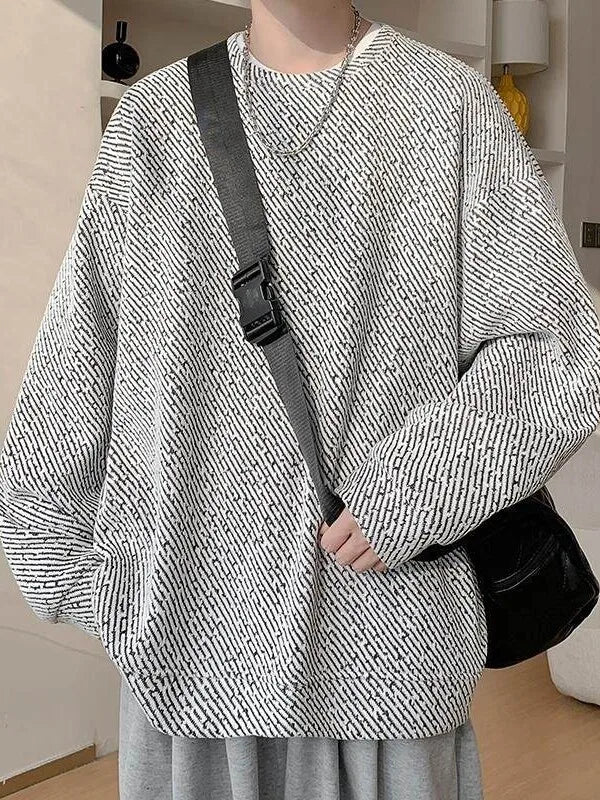 Street Style Round Neck Sweatshirt Men'S Spring Autumn Heavyweight Retro Loose Fit Top High Street Stripe Pattern Casual Wear