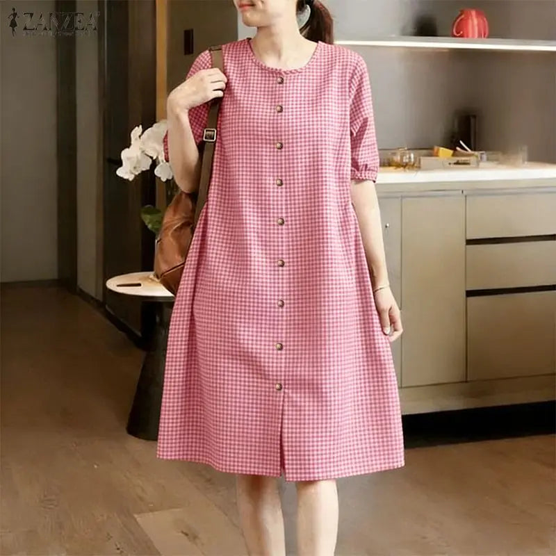2026 ZANZEA Women Summer Sundress Elegant Short Sleeve Plaid Checked Dress Casual O Neck Work Dresses Baggy Holiday Vestido Robe
