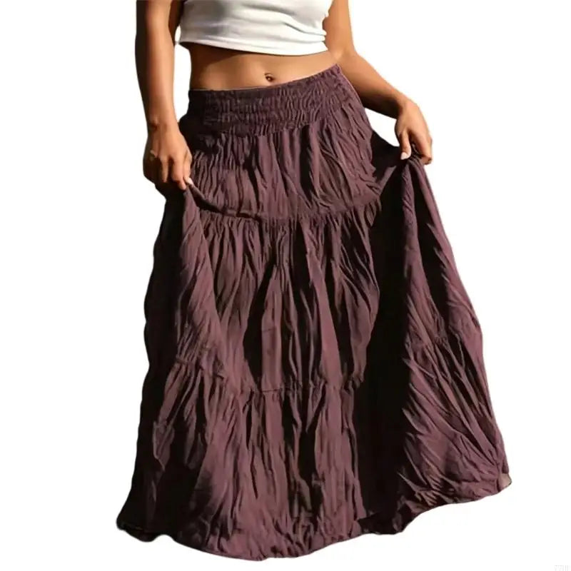 77HE Skirts for Women, Long Maxi Flowy Skirts, A-Line Ruffle Elastic High Waist Tiered Casual Beach