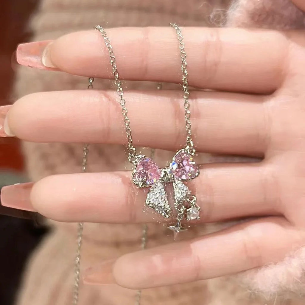 2Pcs Set Fashion Bowknot Necklace Rings Set Crystal Bow Knot Pendant Necklaces Adjustable Bow Rings Fairy Shiny Pink Jewelry