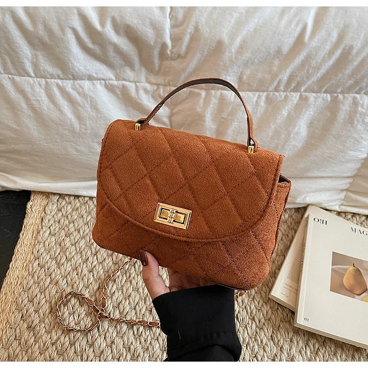 Diamond Grid Chain Crossbody Bag One Shoulder Purse Trendy Flip Top Clutch Women's Fashion Suede Leather Casual Shoulder Bag