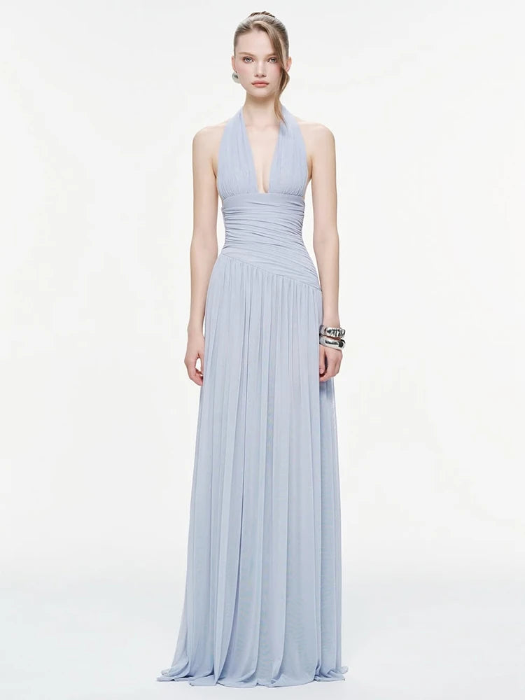 Nibber Backless Fashion Draped Maxi Dress Women Halter Bandage Tassel v-Neck Sleeveless Birthday Party Elegant Chic Vestidos
