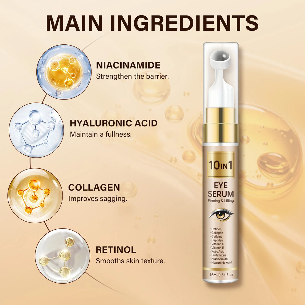 10 IN 1 Roller Eye Serum 15ml, Retinol Collagen Caffeine Peptides Niacinamide Hyaluronic Acid, Moisturizing Firming Lifting Eye Serum for Under Eye Daily Skin Care