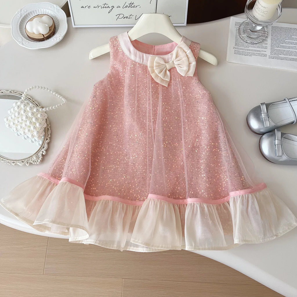 Girls Mesh Party Dress – Sleeveless Bow Detail Gown with Soft Cotton Lining, Special Occasion Outfit Toddler Girl Clothes