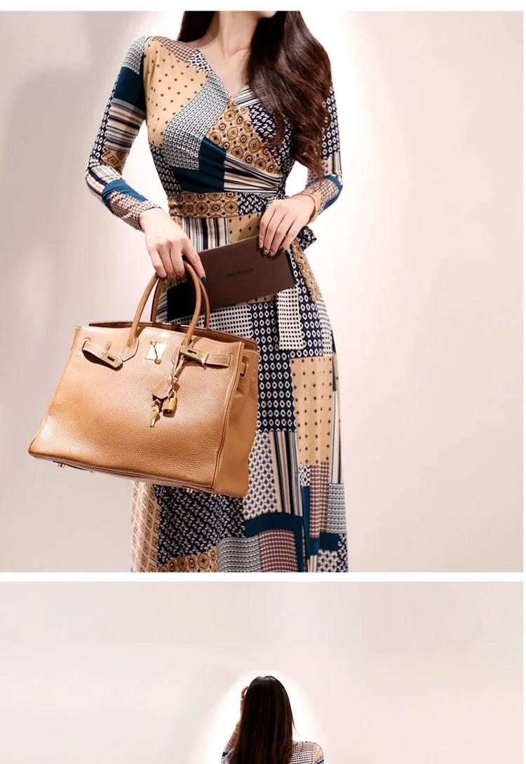 Vintage Print V-neck Lace-Up Maxi Dress | Korean Slim Long Sleeve.