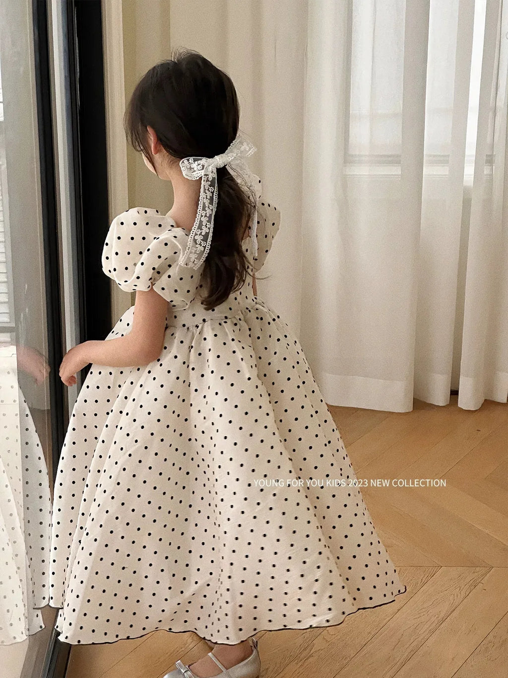 In-stock summer dress with puff sleeves for girls, princess dress for older girls, pearl gauze dress