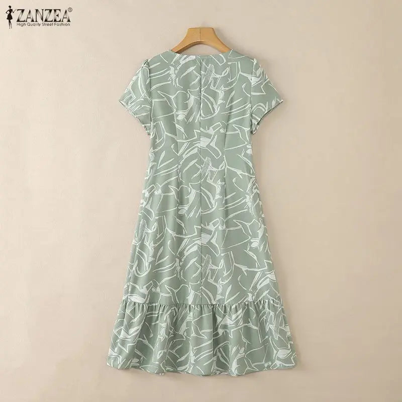 ZANZEA Women's Floral Printing Midi Dress V-Neck Short Sleeve Ruffled Hem Long Dress Summer Casual Daily Wear Robes Femme 3XL