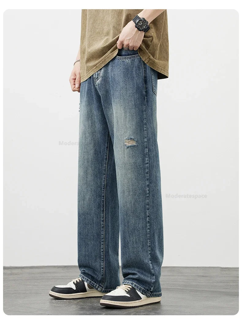 Korea Baggy Jeans Men's Vintage Straight Ripped Y2k Pants Fashion Frayed High Street Distressed Denim Trousers Male Clothes