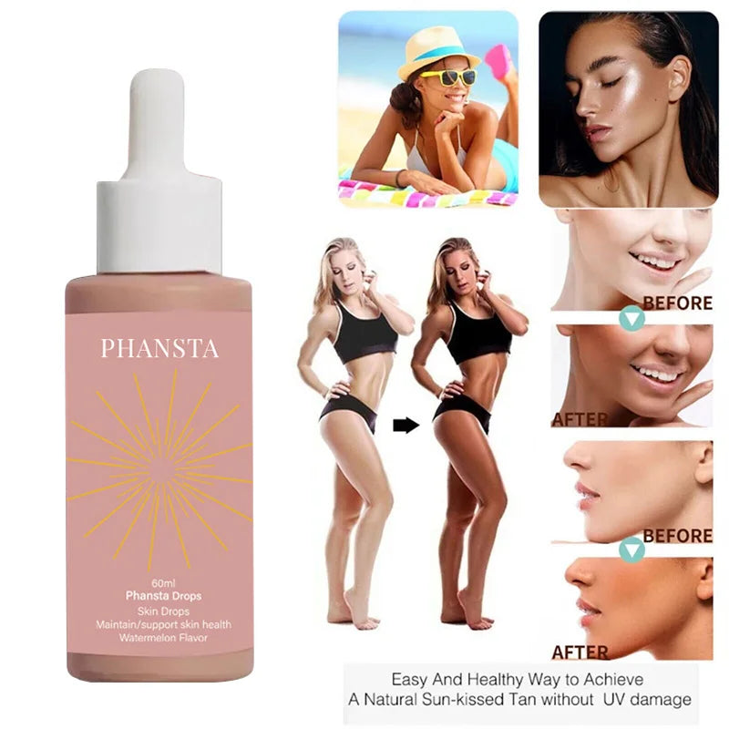 Self Tanning Drops Natural Herbal Enhance Skin Melanin Liquid Bronzer Tanner Body Face Prevent Sunburn Sunless Tanning Products