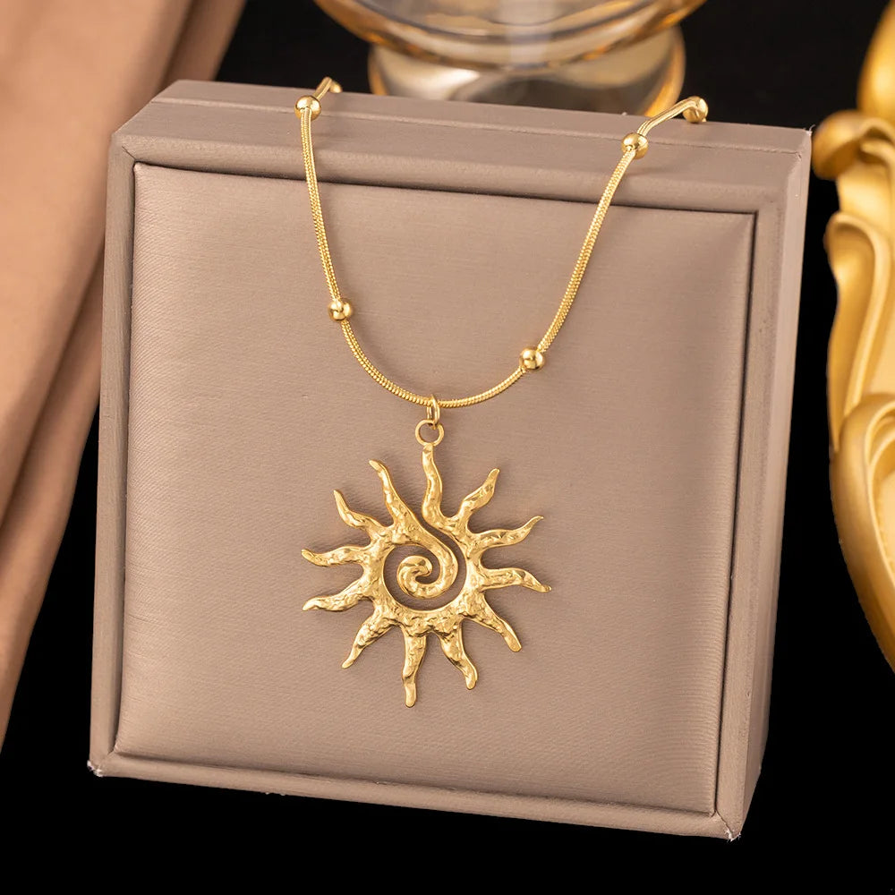 Fashion Vintage Chic Sun Shaped Pendant Necklace Stainless Steel Earrings Statement Fashion Jewlery Accessories