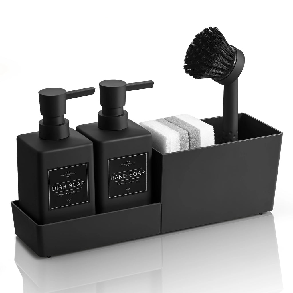 Juego de dispensador de jabón de cocina con soporte para esponja y cepillo para fregadero, dispensadores de jabón de manos y jabón lavavajillas, negro 4 en 1